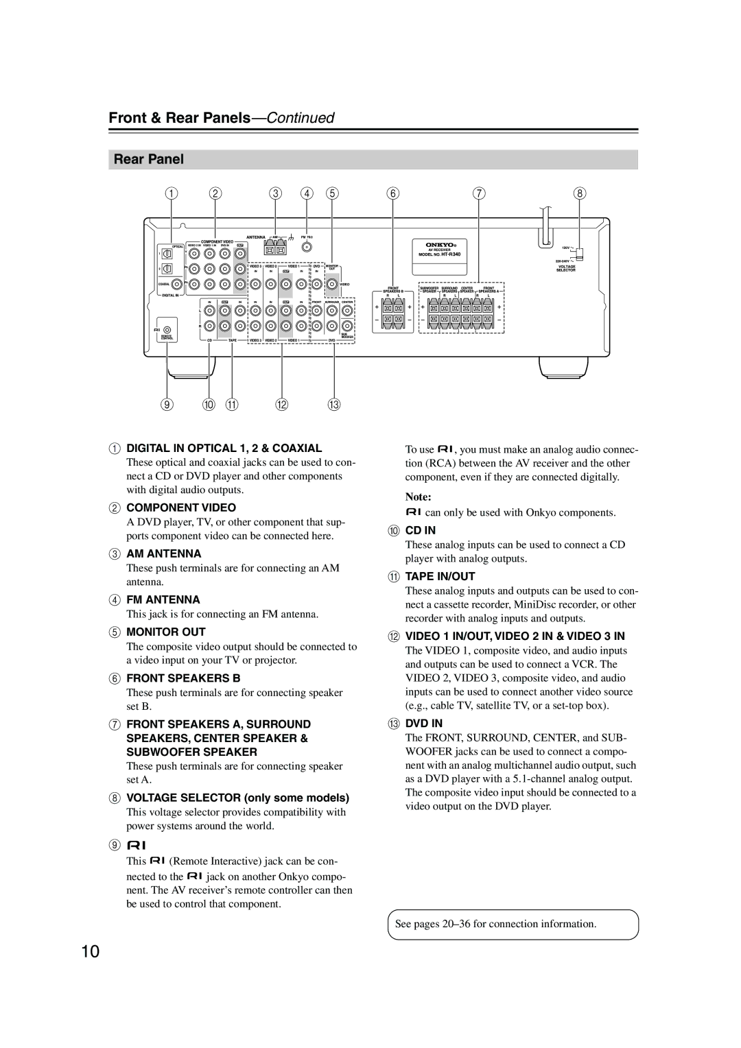 Onkyo HT-R340, HT-S3100, HTP-360, HT-S3105, HTP-318 instruction manual Rear Panel, Voltage Selector only some models 