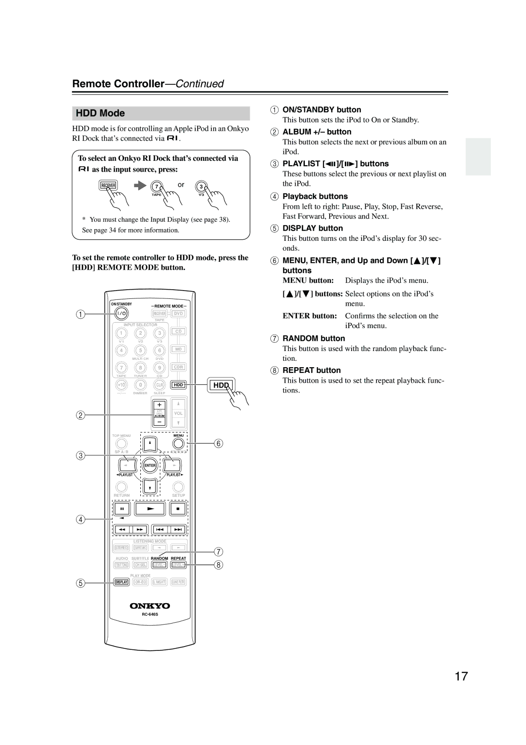 Onkyo HTP-360, HT-R340, HTP-318 HDD Mode, Album +/- button, Playlist / buttons, MENU, ENTER, and Up and Down / buttons, Hdd 