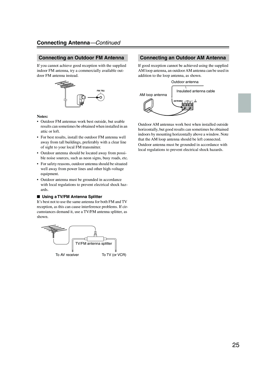 Onkyo HT-R340, HT-S3100, HTP-360 Connecting Antenna, Connecting an Outdoor FM Antenna, Connecting an Outdoor AM Antenna 