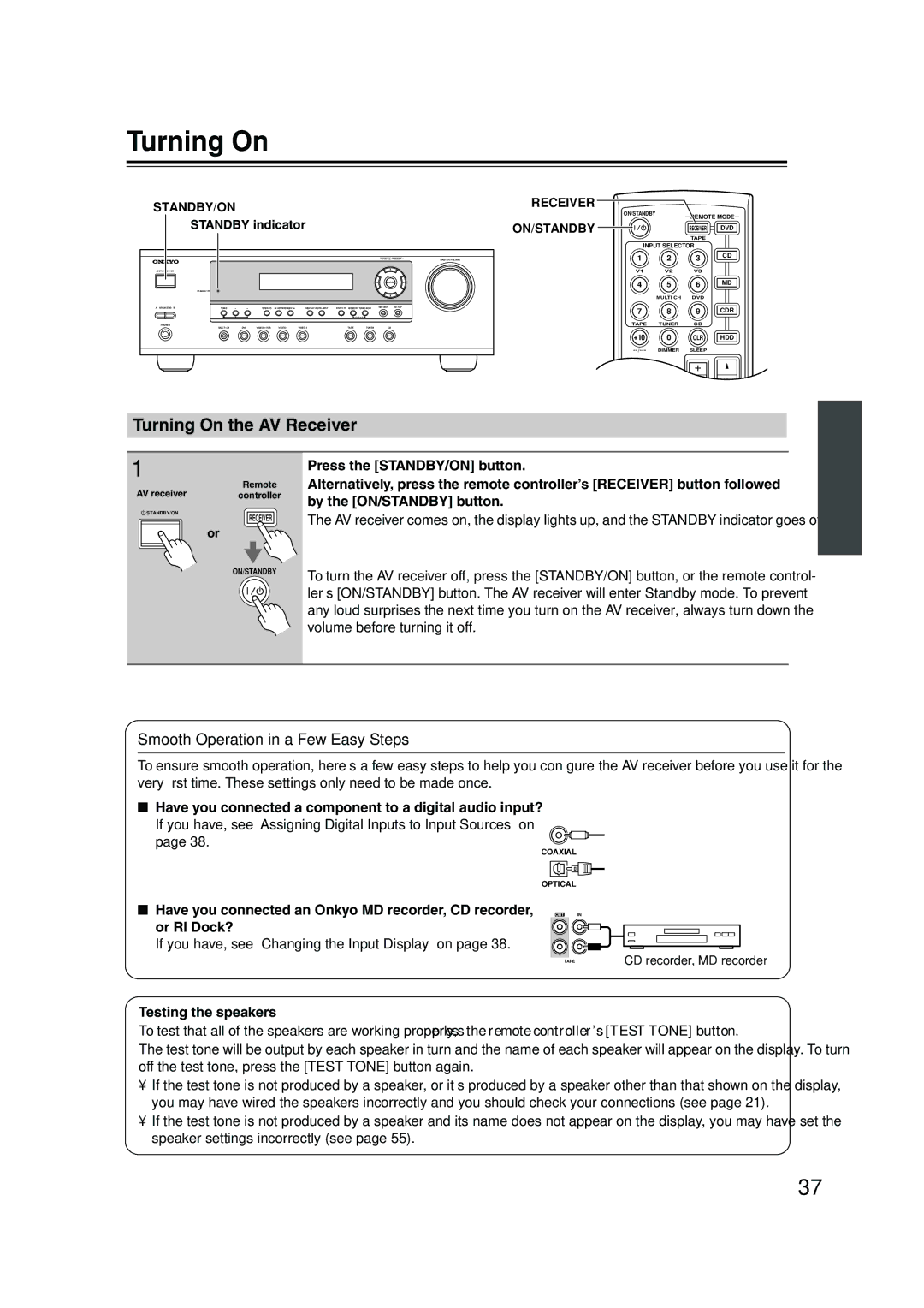 Onkyo HTP-360, HT-R340, HT-S3100 Turning On the AV Receiver, Smooth Operation in a Few Easy Steps, Testing the speakers 