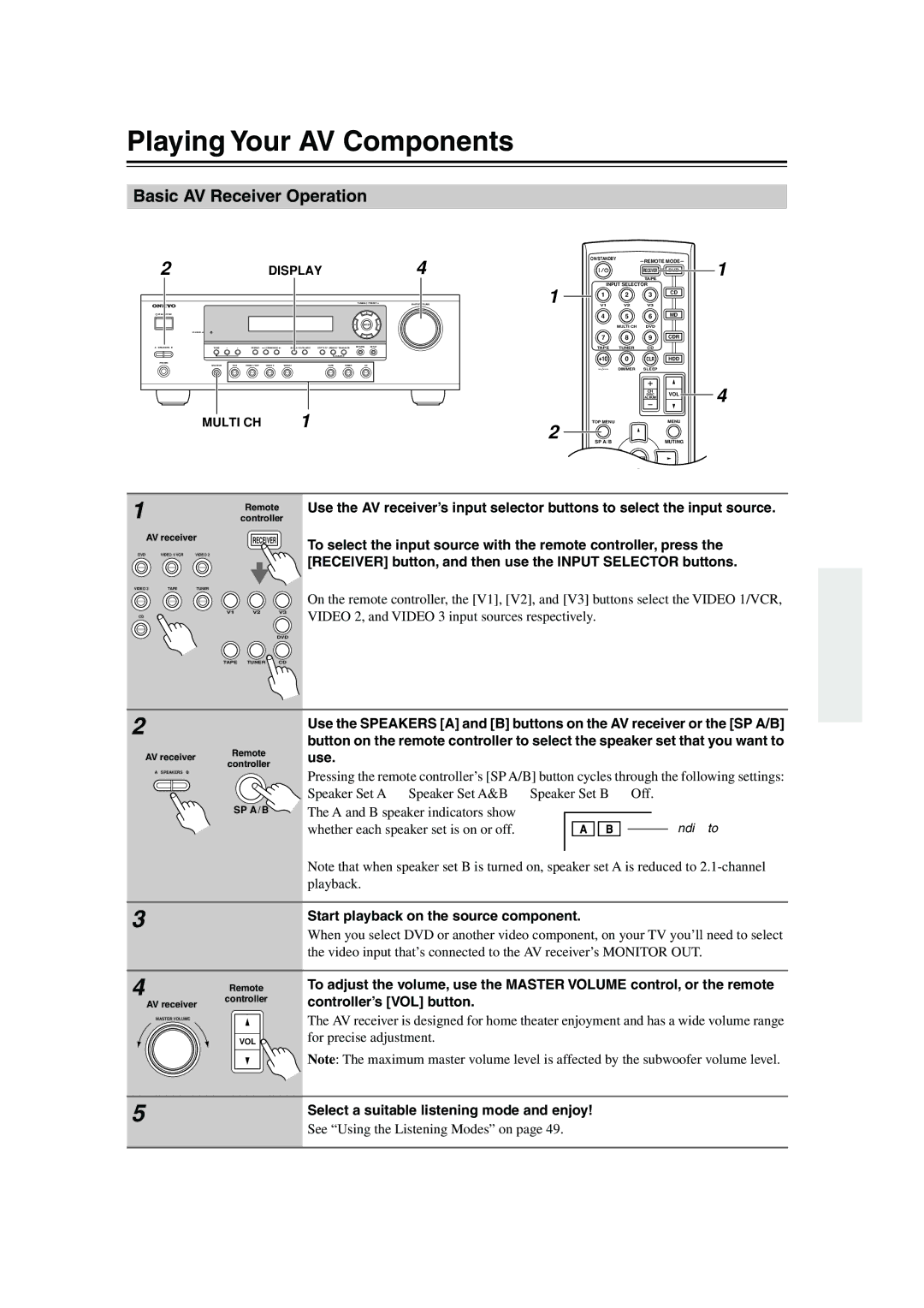 Onkyo HTP-318, HT-R340 Playing Your AV Components, Basic AV Receiver Operation, Start playback on the source component 