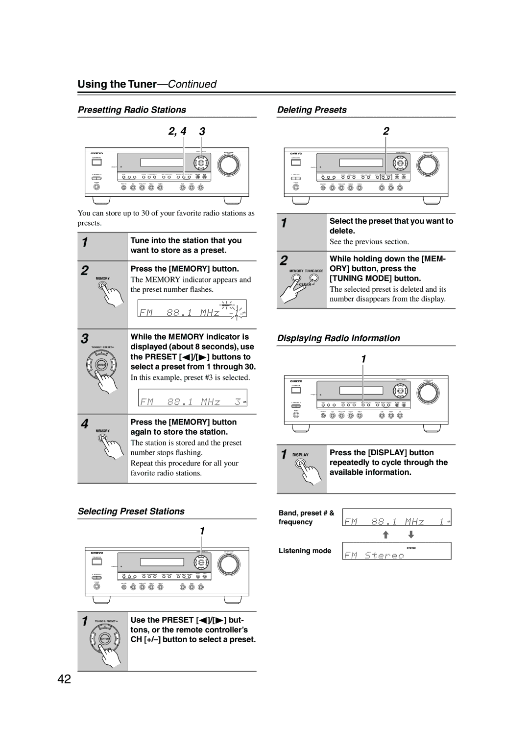 Onkyo HTP-360, HT-R340, HT-S3100 Using the Tuner, Presetting Radio Stations, Deleting Presets, Selecting Preset Stations 