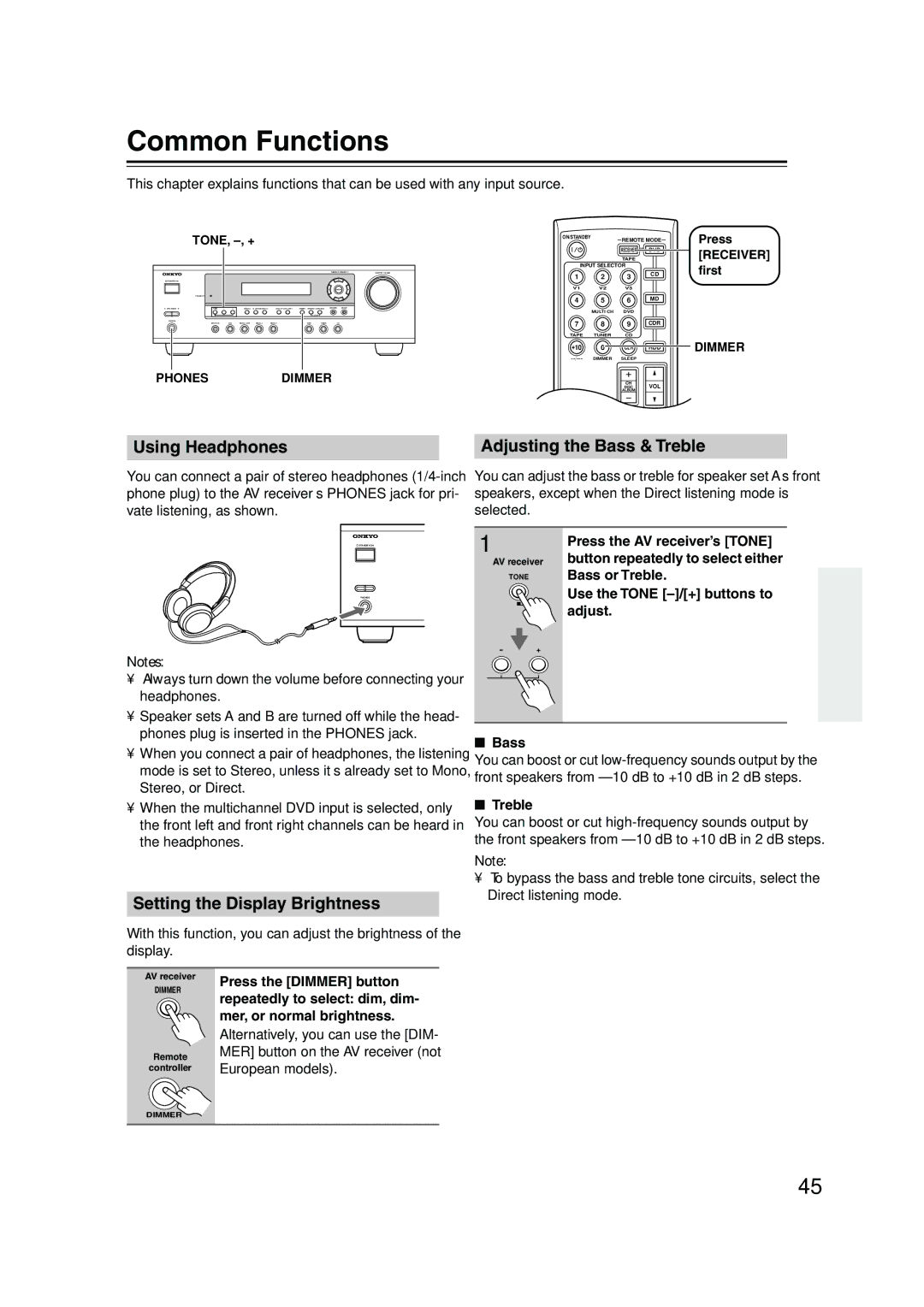 Onkyo HT-R340, HT-S3100 Common Functions, Using Headphones, Setting the Display Brightness, Adjusting the Bass & Treble 