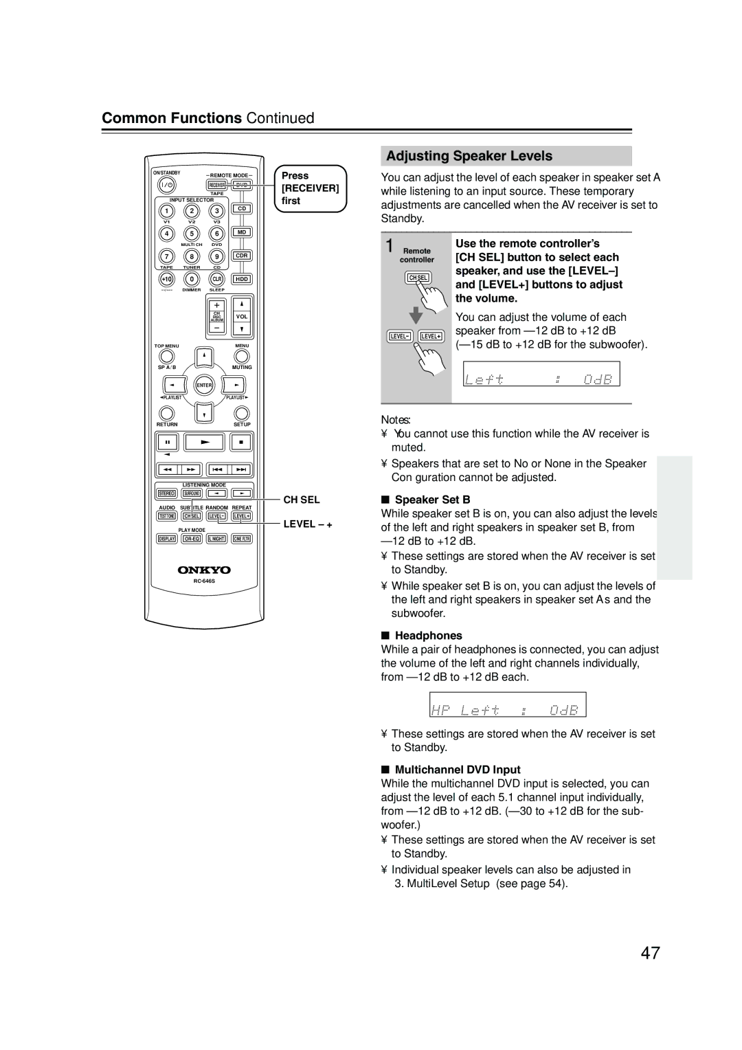 Onkyo HTP-360, HT-R340, HTP-318 Adjusting Speaker Levels, Speaker Set B, Headphones, Multichannel DVD Input, CH SEL Level + 