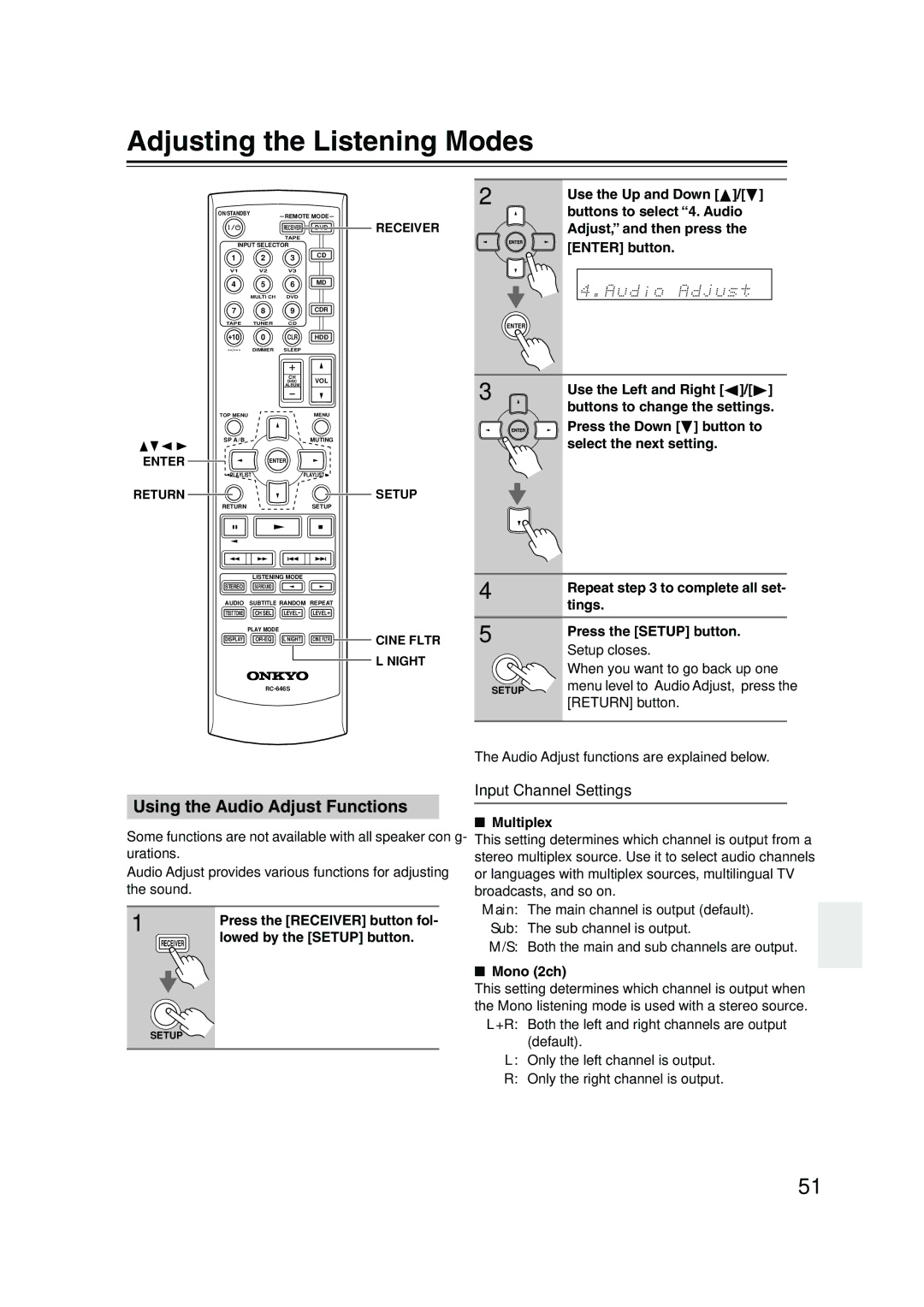 Onkyo HT-S3100, HT-R340, HTP-360 Adjusting the Listening Modes, Using the Audio Adjust Functions, Input Channel Settings 