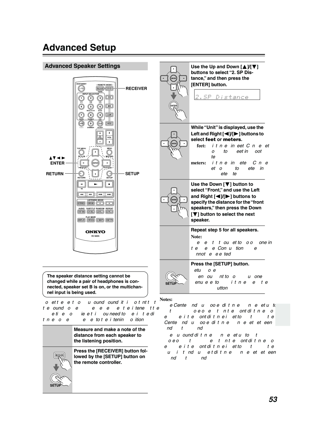 Onkyo HT-S3105, HT-R340, HT-S3100, HTP-360, HTP-318 Advanced Setup, Advanced Speaker Settings, Speaker Distance 