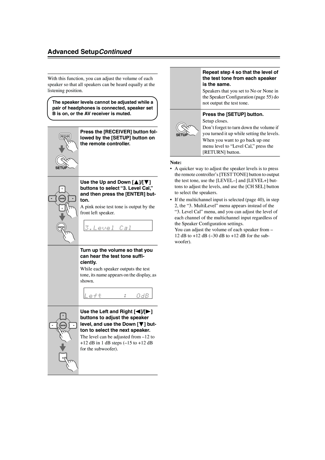 Onkyo HTP-318, HT-R340, HT-S3100, HTP-360, HT-S3105 instruction manual Advanced Setup, Speaker Levels 