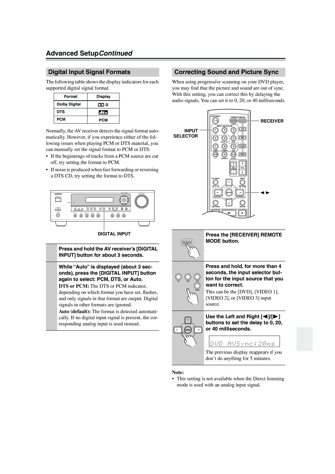 Onkyo HTP-360, HT-R340, HT-S3100, HT-S3105, HTP-318 Digital Input Signal Formats, Correcting Sound and Picture Sync 