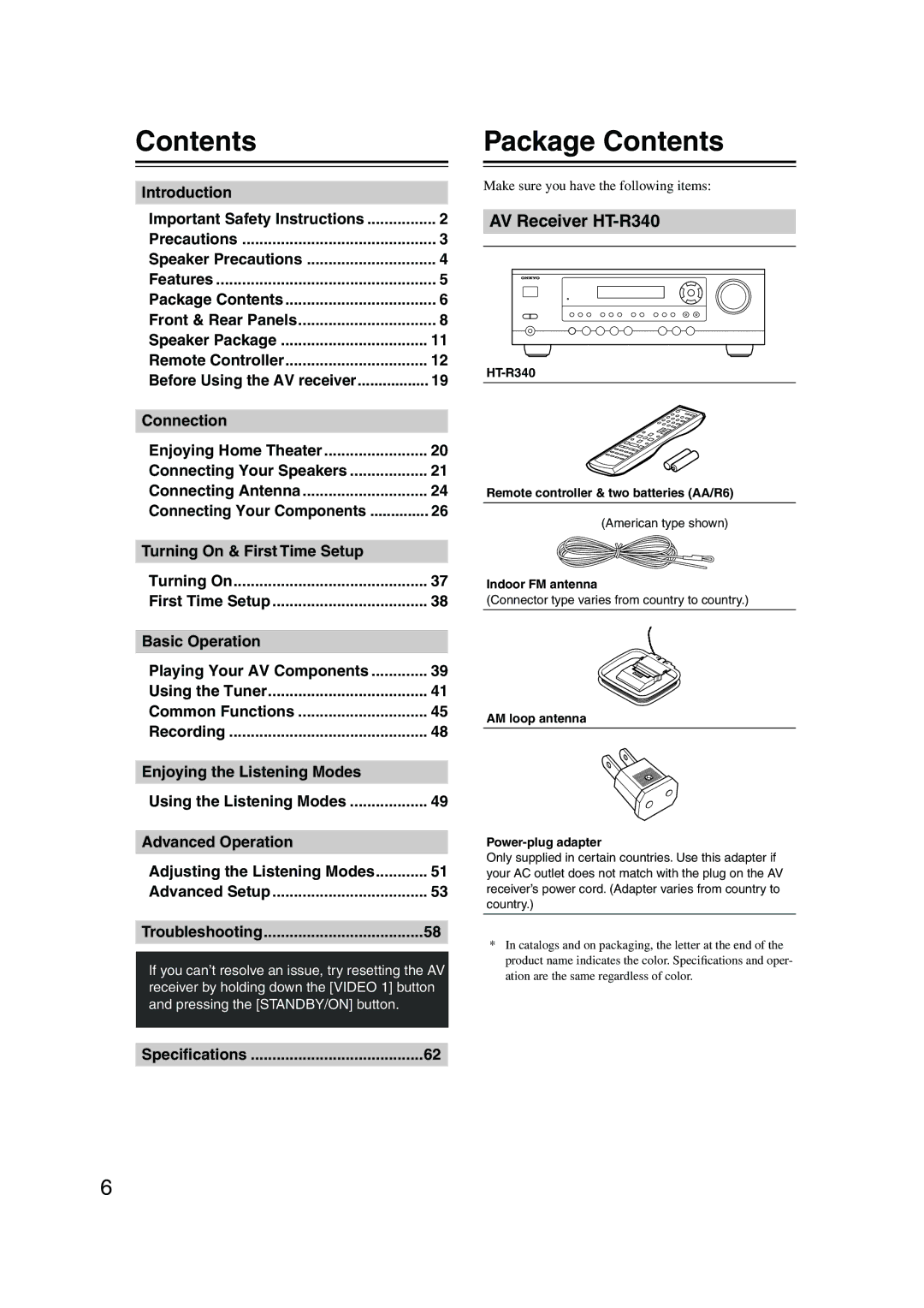 Onkyo HT-S3100, HT-R340, HTP-360, HT-S3105, HTP-318 instruction manual Package Contents 