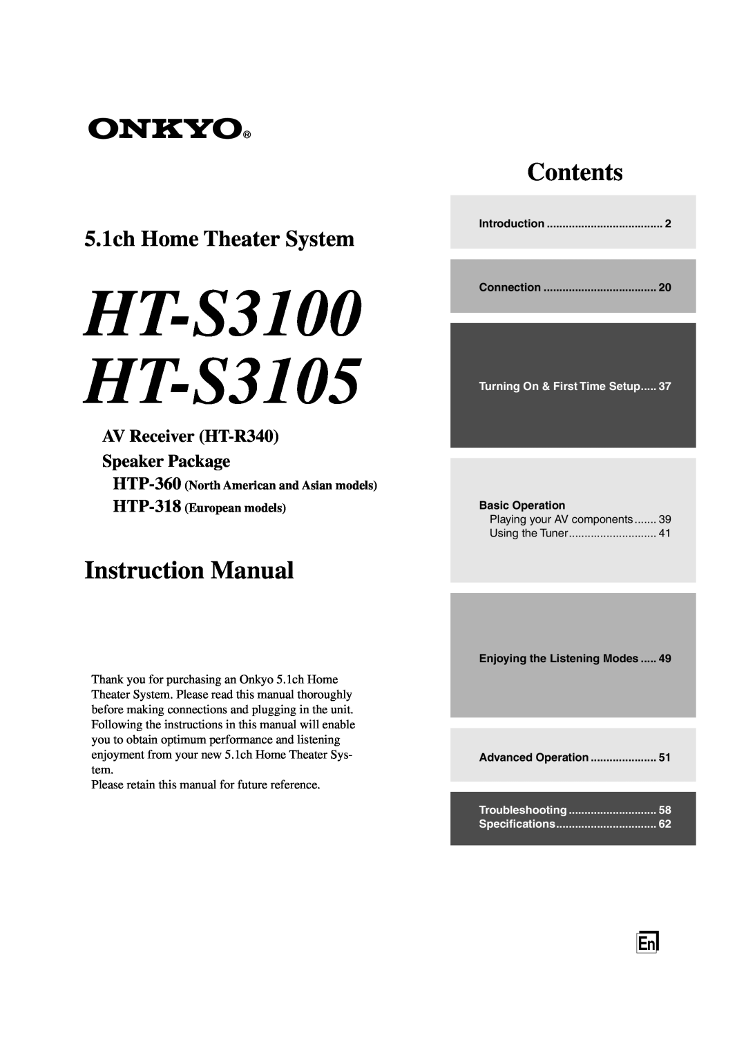 Onkyo instruction manual HT-S3100 HT-S3105, Contents, 5.1ch Home Theater System, AV Receiver HT-R340 Speaker Package 