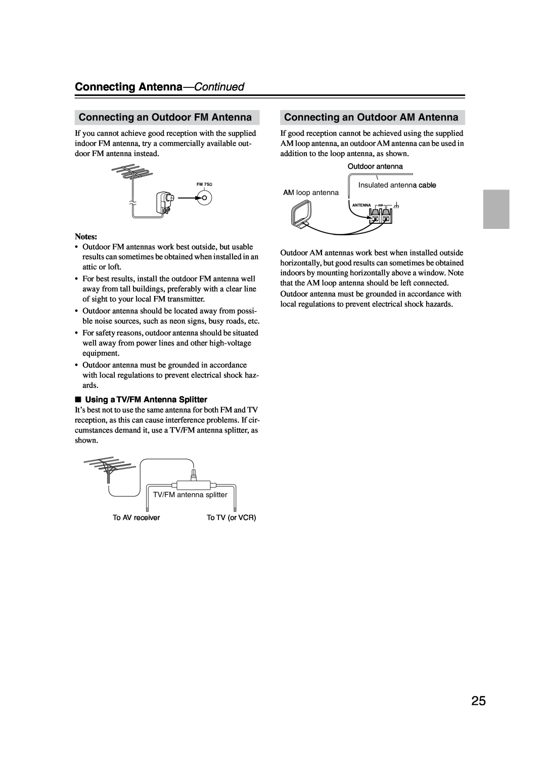 Onkyo HT-R340, HT-S3100 Connecting Antenna-Continued, Connecting an Outdoor FM Antenna, Connecting an Outdoor AM Antenna 