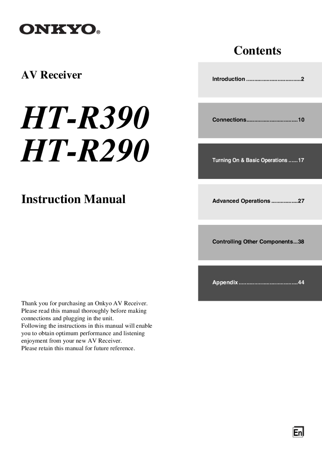 Onkyo instruction manual HT-R390 HT-R290 