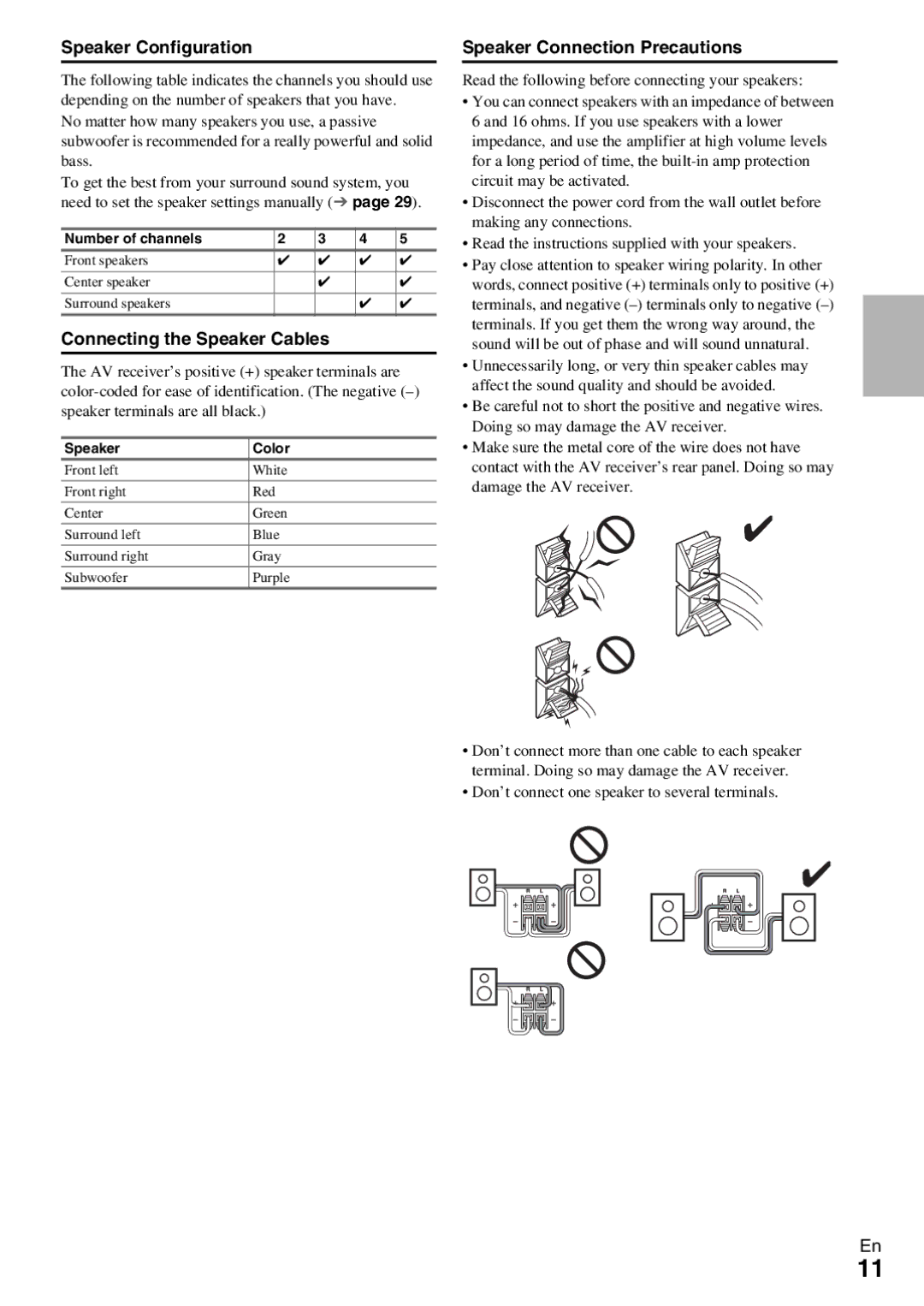 Onkyo HT-R390 instruction manual Speaker Configuration, Speaker Connection Precautions, Number of channels, Speaker Color 