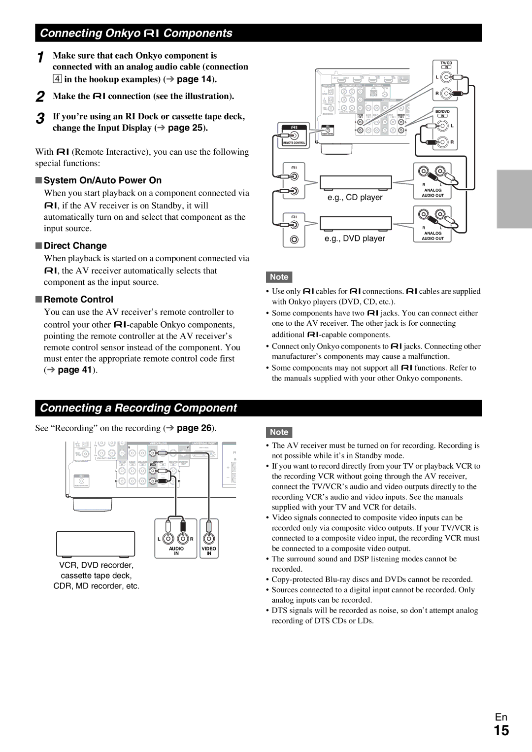 Onkyo HT-R390 Connecting Onkyo uComponents, Connecting a Recording Component, System On/Auto Power On, Direct Change 