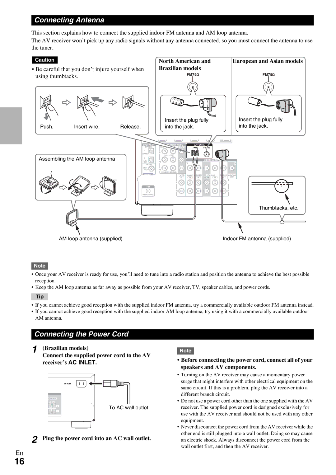 Onkyo HT-R390 instruction manual Connecting Antenna, Connecting the Power Cord 