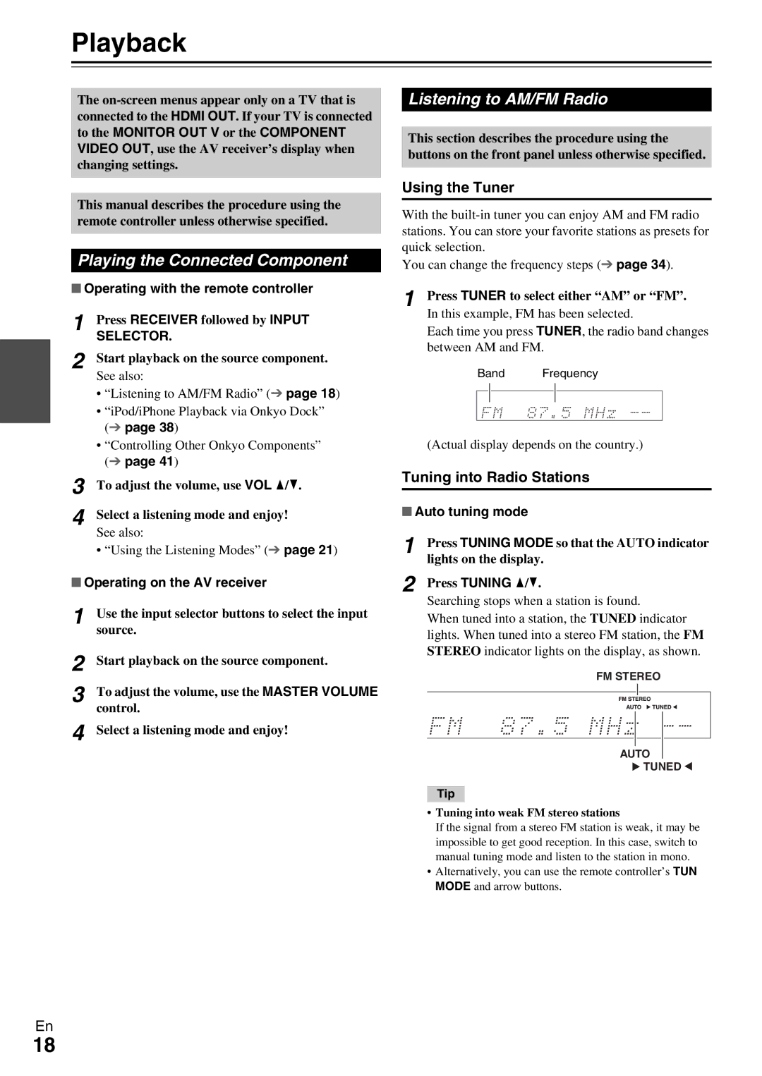 Onkyo HT-R390 instruction manual Playback, Listening to AM/FM Radio, Playing the Connected Component, Using the Tuner 