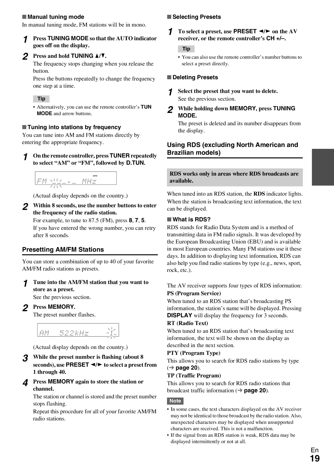 Onkyo HT-R390 instruction manual Presetting AM/FM Stations, Using RDS excluding North American and Brazilian models, Mode 