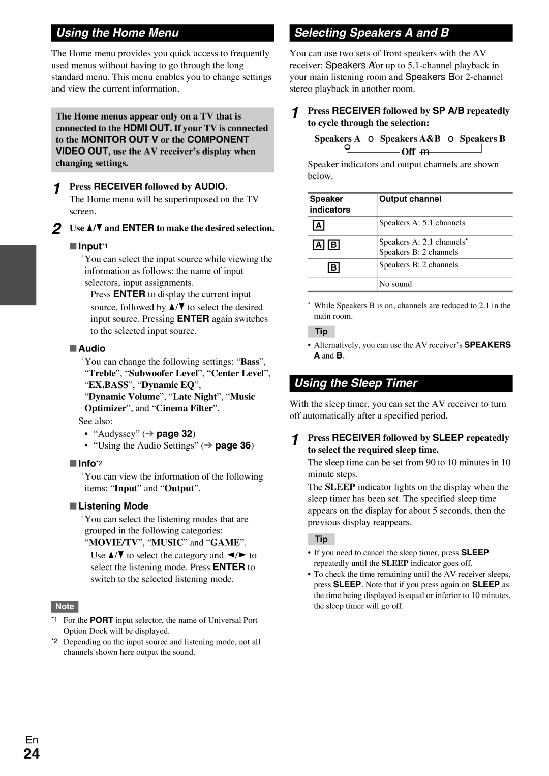 Onkyo HT-R390 instruction manual Using the Home Menu Selecting Speakers a and B, Using the Sleep Timer 