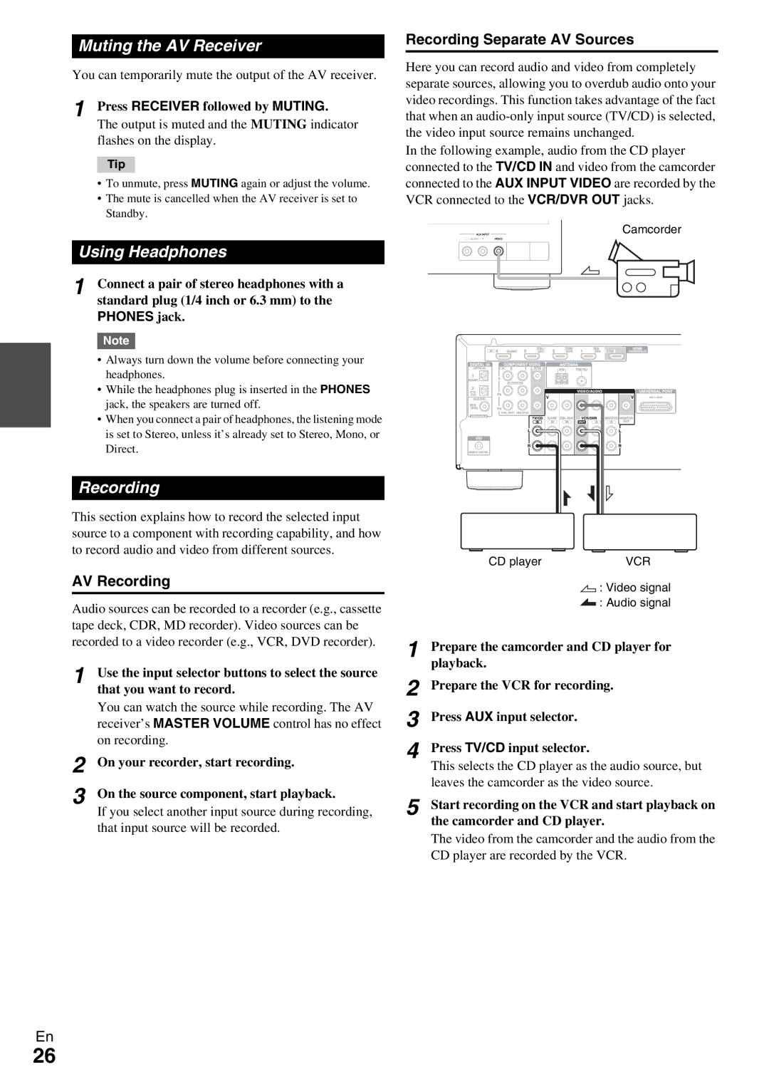 Onkyo HT-R390 instruction manual Muting the AV Receiver, Using Headphones, AV Recording, Recording Separate AV Sources 