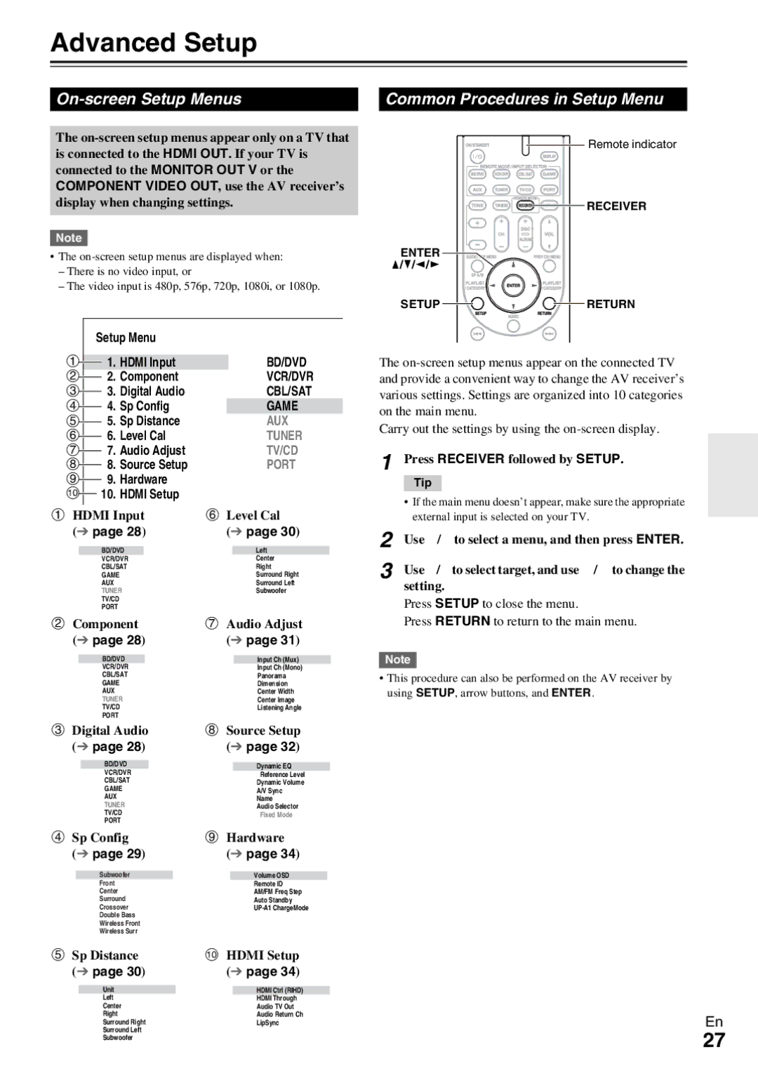 Onkyo HT-R390 Advanced Setup, On-screen Setup Menus, Common Procedures in Setup Menu, Bd/Dvd, CBL/SAT Game 