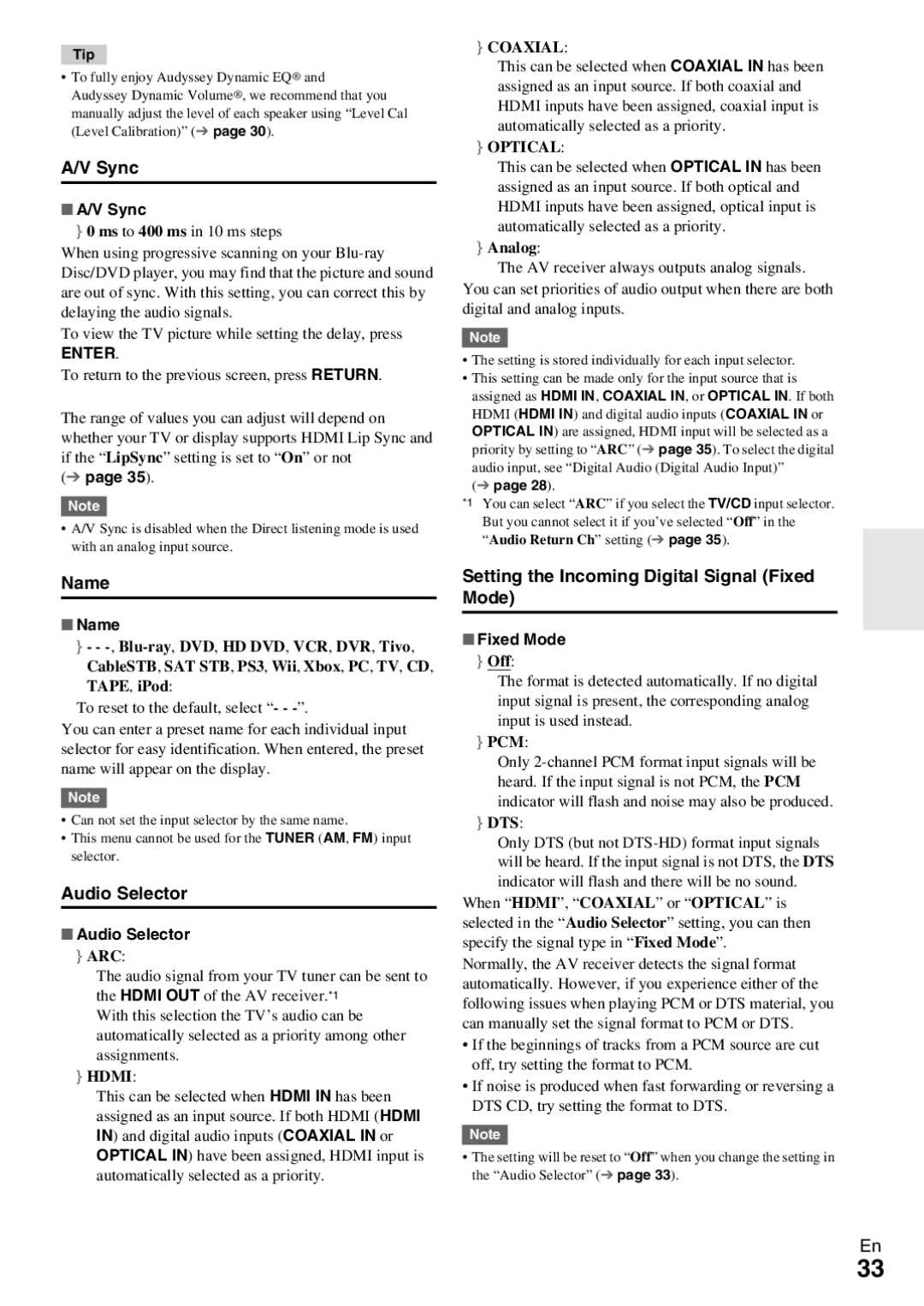 Onkyo HT-R390 instruction manual Sync, Name, Audio Selector, Setting the Incoming Digital Signal Fixed Mode 