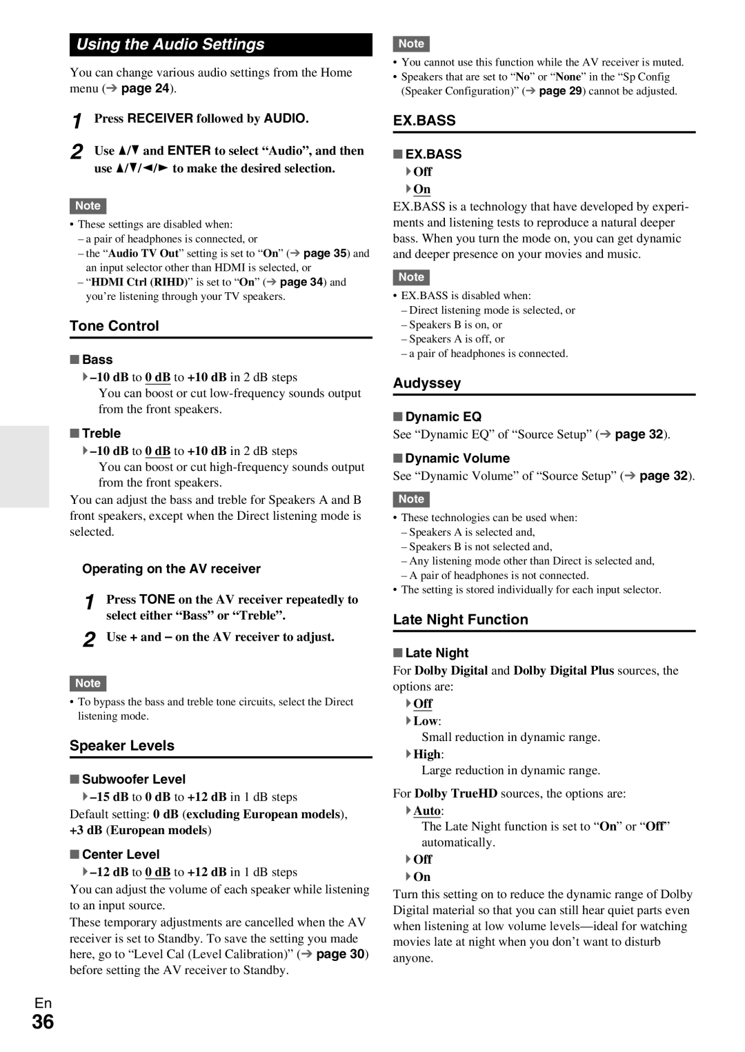 Onkyo HT-R390 instruction manual Using the Audio Settings, Tone Control, Speaker Levels, Late Night Function, Ex.Bass 