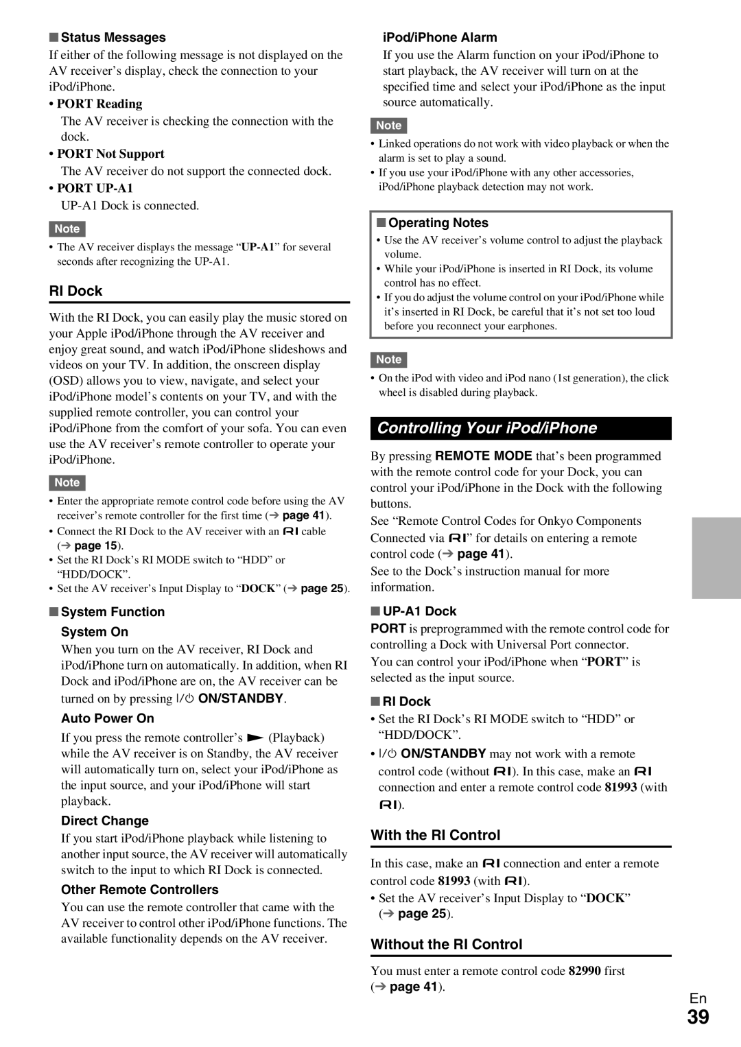 Onkyo HT-R390 instruction manual Controlling Your iPod/iPhone, RI Dock, With the RI Control, Without the RI Control 