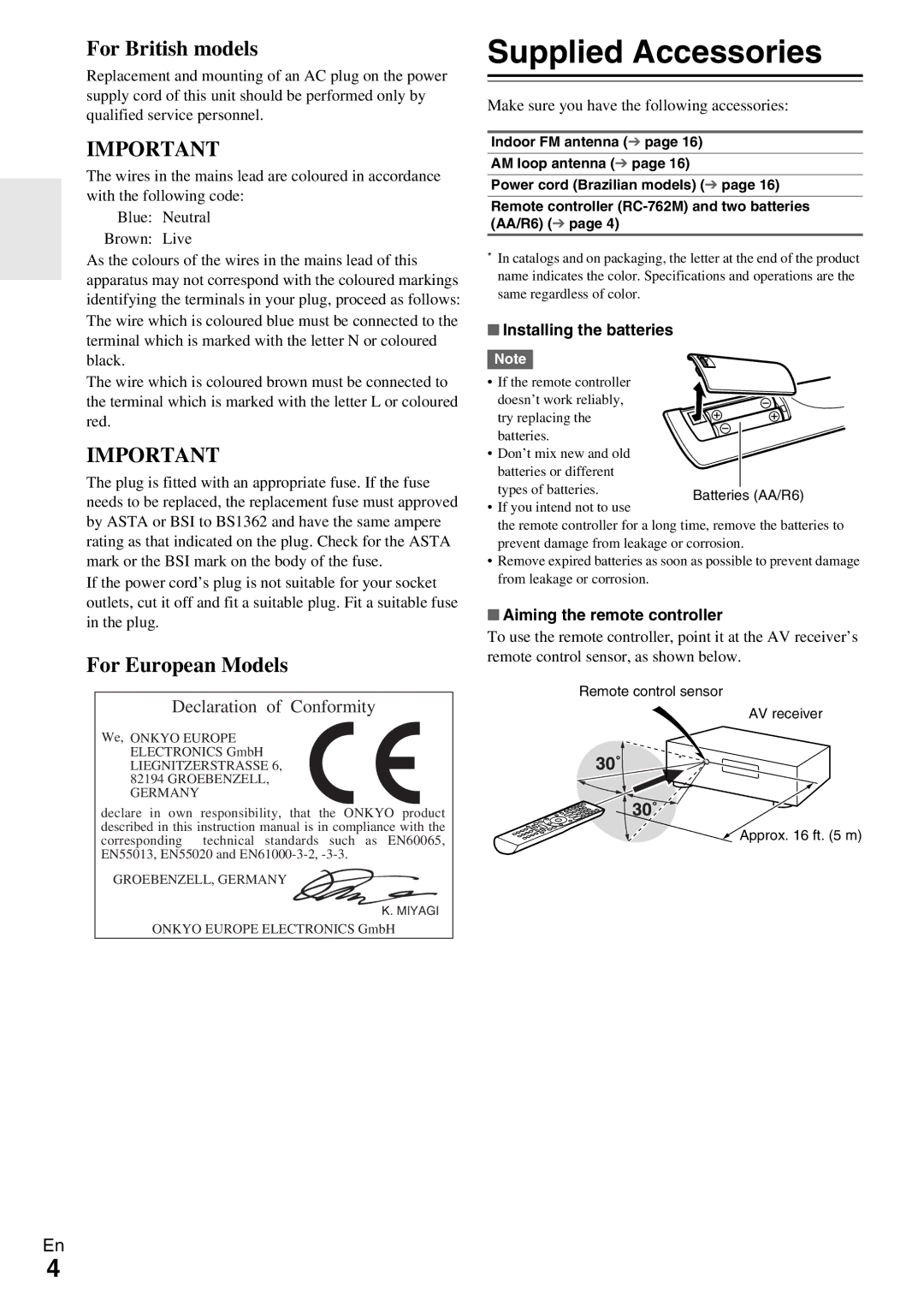 Onkyo HT-R390 Supplied Accessories, Make sure you have the following accessories, Installing the batteries 