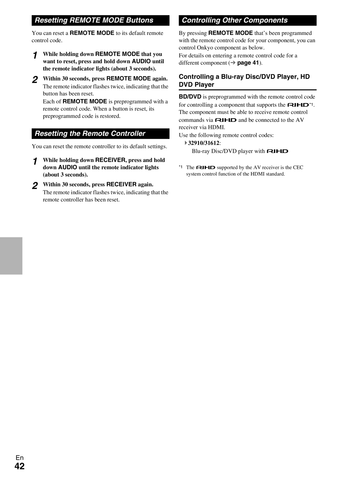 Onkyo HT-R390 Resetting Remote Mode Buttons, Resetting the Remote Controller, Controlling Other Components 