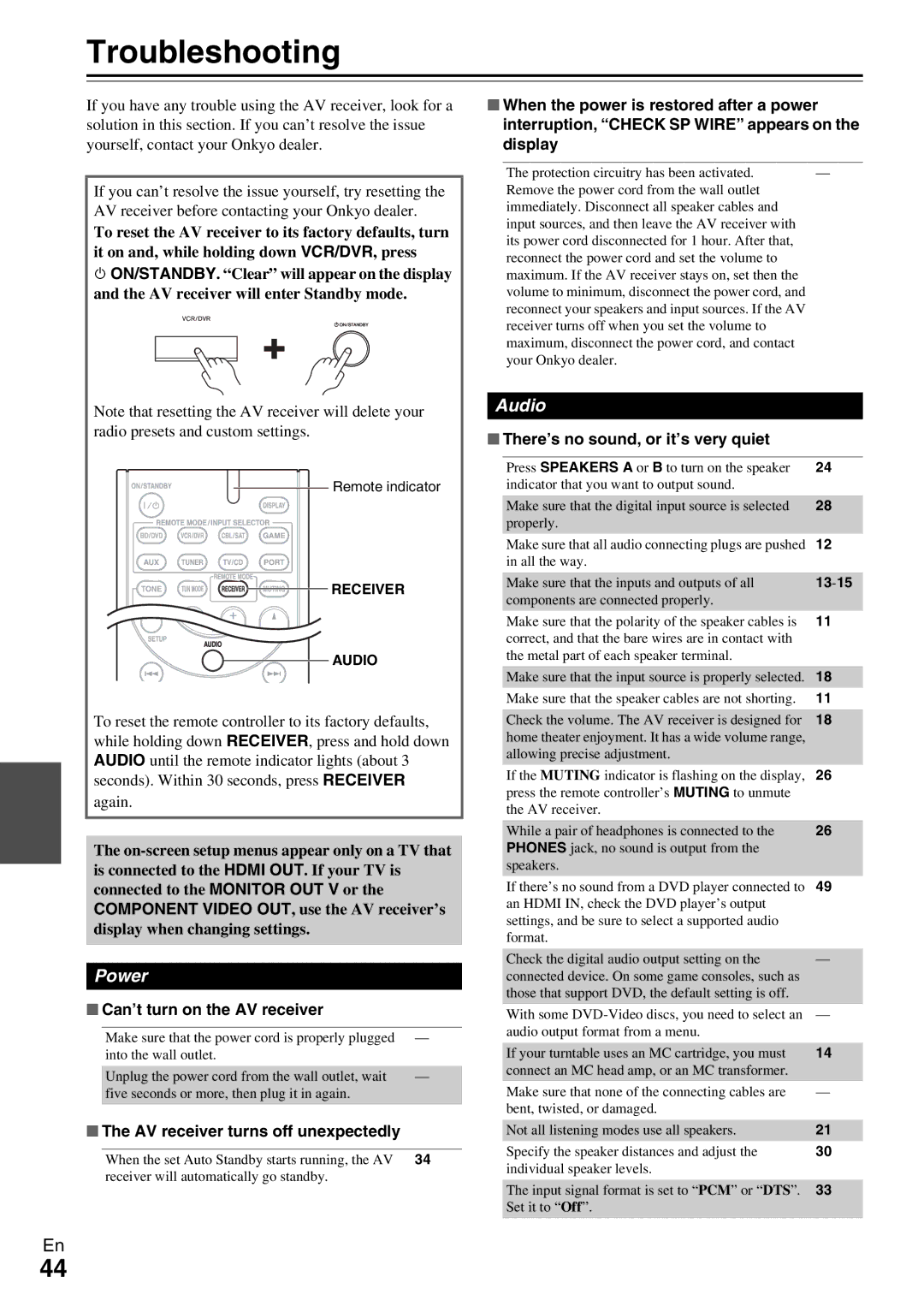 Onkyo HT-R390 instruction manual Troubleshooting, Power, Audio 