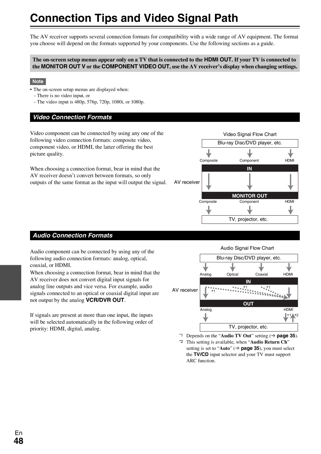 Onkyo HT-R390 instruction manual Connection Tips and Video Signal Path, Video Connection Formats, Audio Connection Formats 