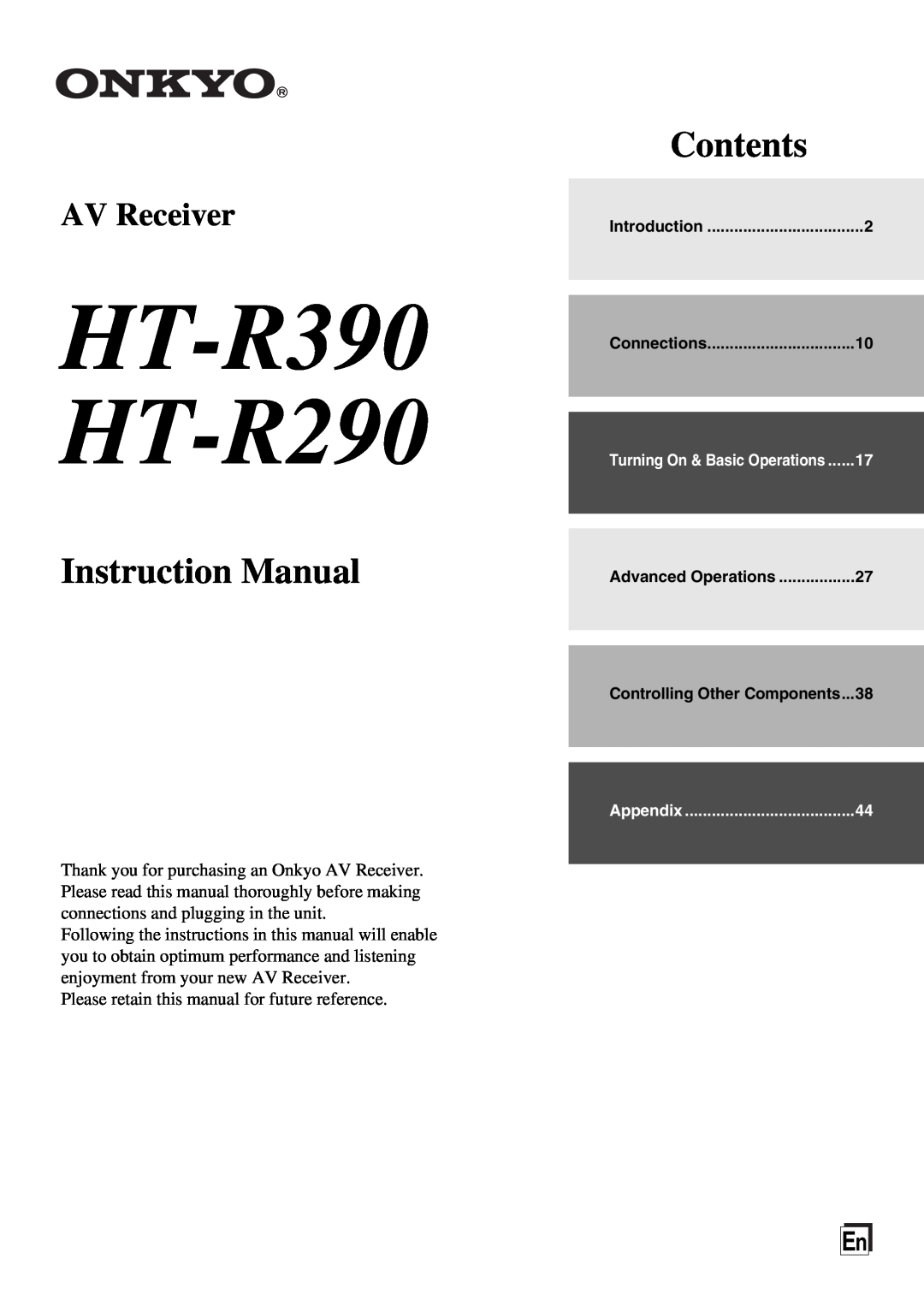 Onkyo instruction manual HT-R390 HT-R290, Contents, AV Receiver 