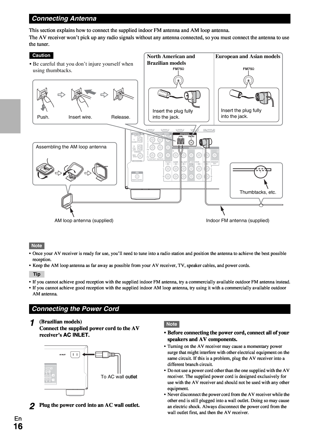 Onkyo HT-R390 instruction manual Connecting Antenna, Connecting the Power Cord, North American and Brazilian models 