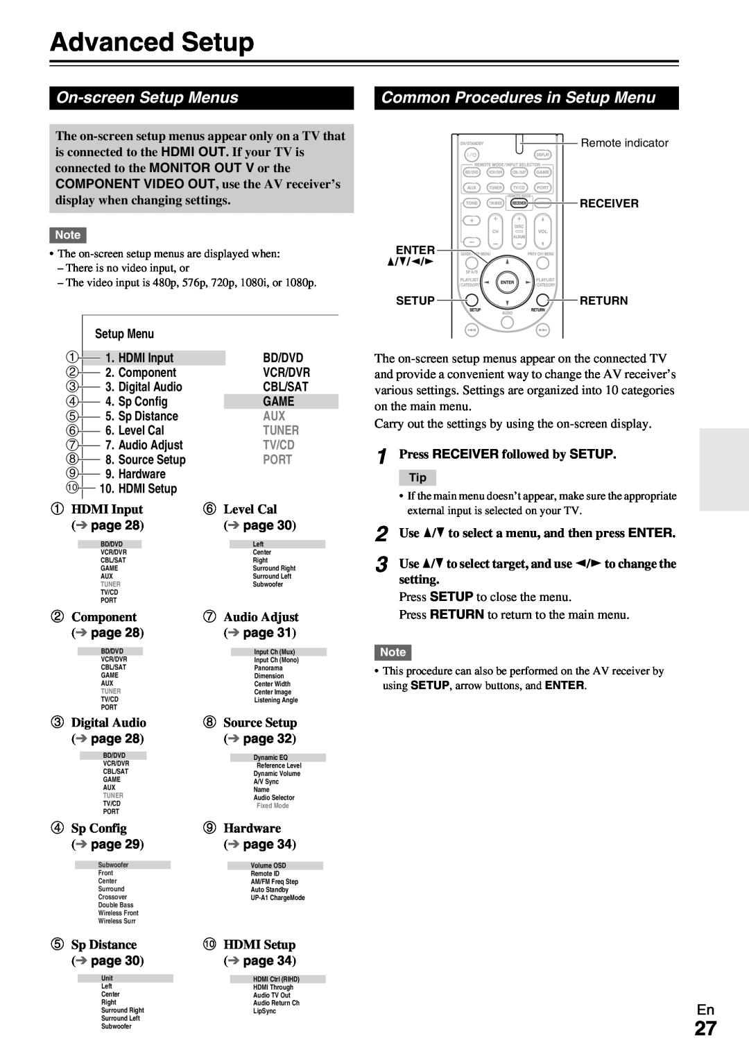 Onkyo HT-R390 Advanced Setup, On-screenSetup Menus, Common Procedures in Setup Menu, page, Bd/Dvd, Cbl/Sat Game 