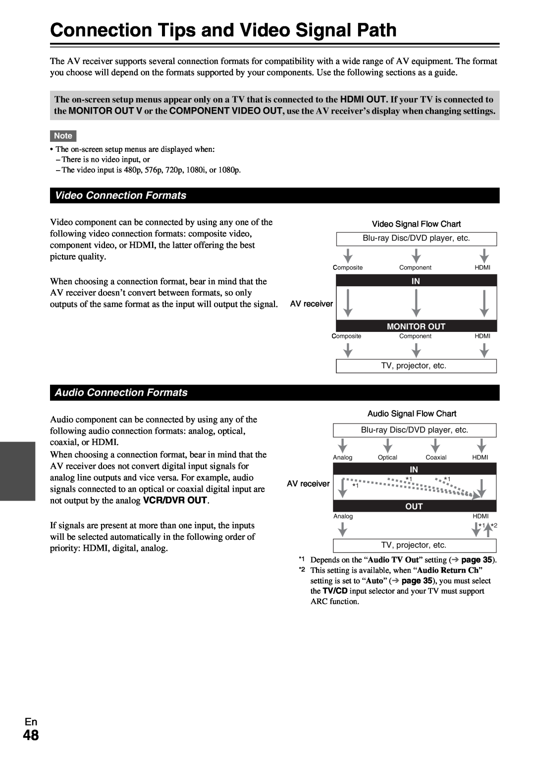 Onkyo HT-R390 instruction manual Connection Tips and Video Signal Path, Video Connection Formats, Audio Connection Formats 