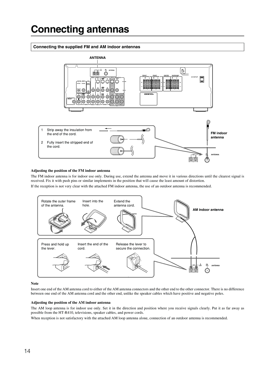 Onkyo HT-R410 appendix Connecting antennas, Connecting the supplied FM and AM indoor antennas 