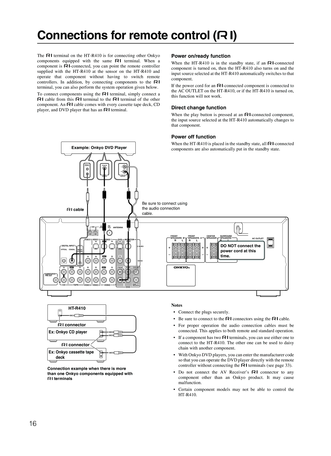 Onkyo HT-R410 Connections for remote control z, Power on/ready function, Direct change function, Power off function 