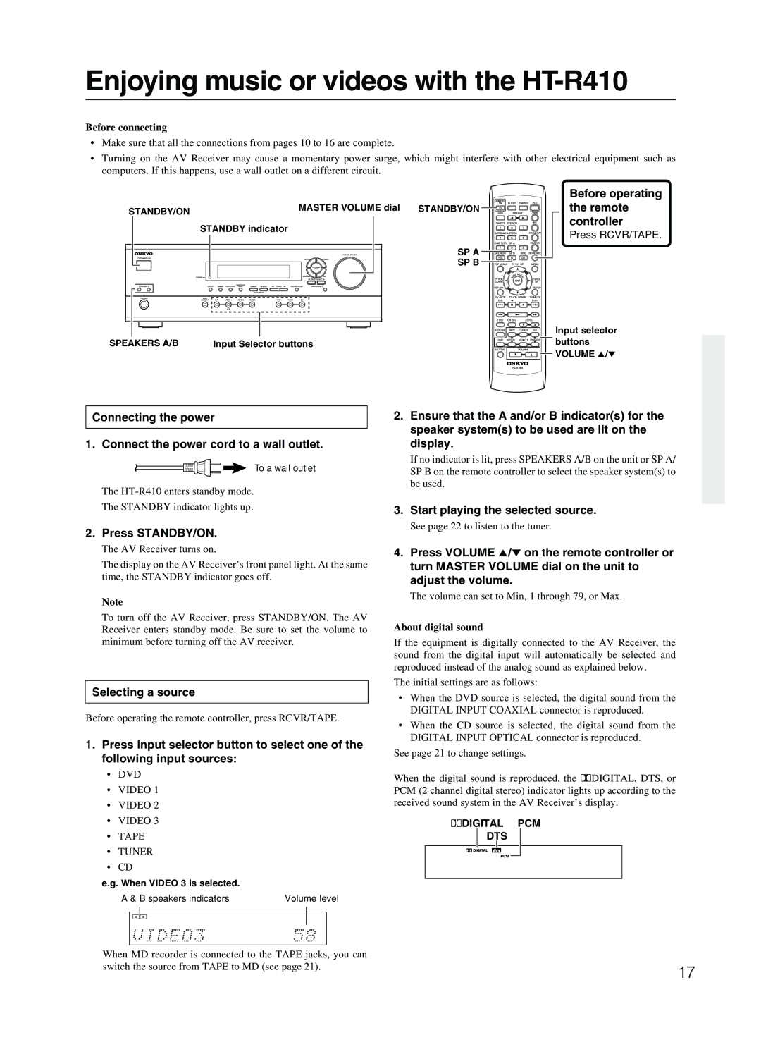 Onkyo appendix Enjoying music or videos with the HT-R410, Before operating the remote controller, Press STANDBY/ON 