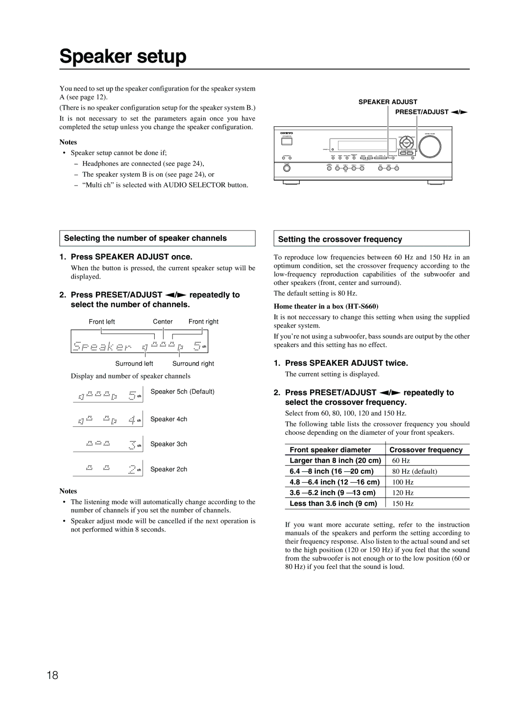 Onkyo HT-R410 appendix Speaker setup, Setting the crossover frequency, Press Speaker Adjust twice 