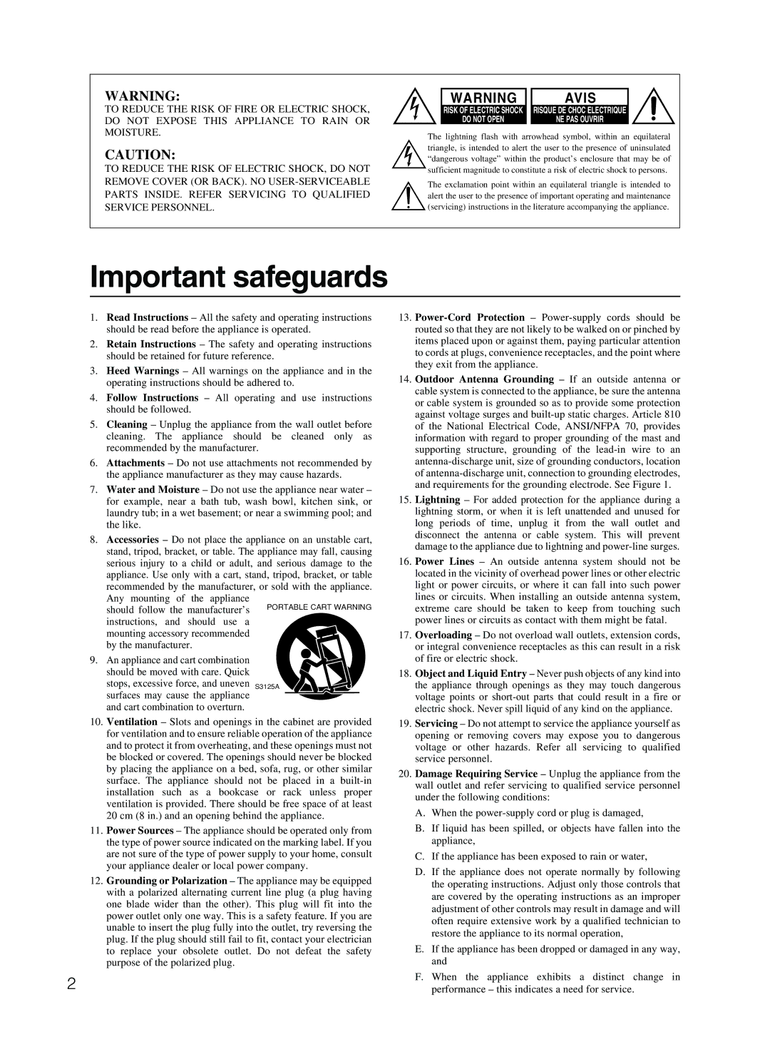 Onkyo HT-R410 appendix Important safeguards 