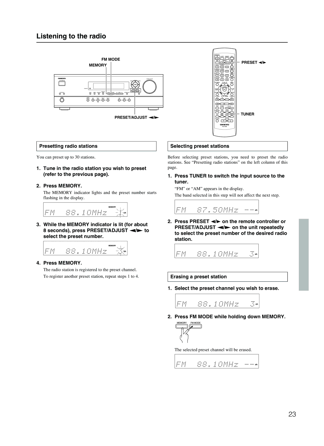 Onkyo HT-R410 appendix Listening to the radio, Presetting radio stations, Selecting preset stations, Tuner 