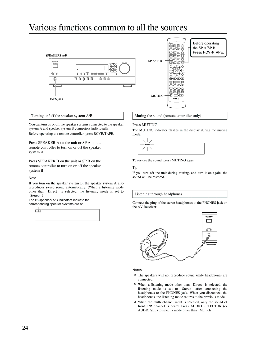 Onkyo HT-R410 Various functions common to all the sources, Before operating the SP A/SP B, Listening through headphones 