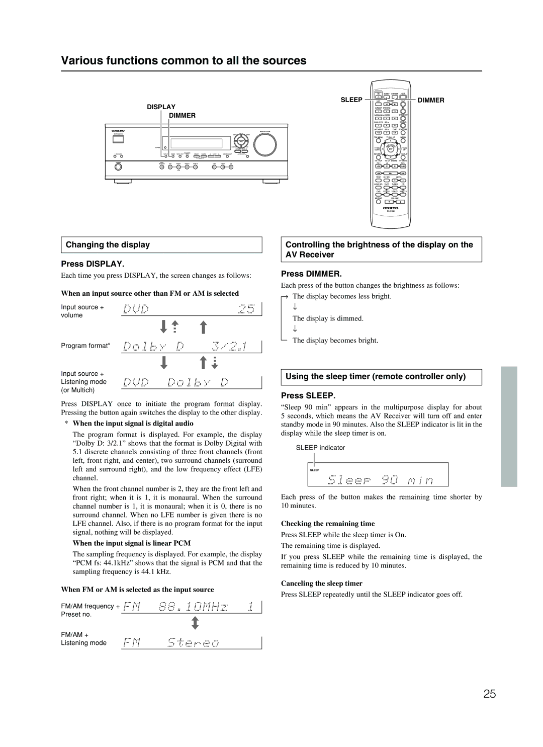 Onkyo HT-R410 appendix Various functions common to all the sources, Changing the display Press Display 