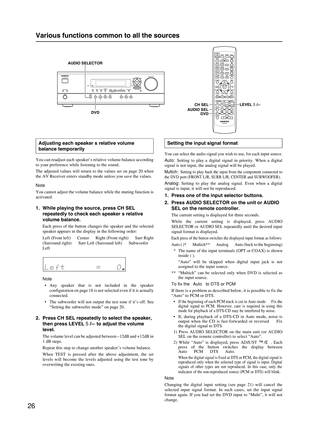 Onkyo HT-R410 appendix Setting the input signal format, To fix the Auto to DTS or PCM, Level 5/∞ 