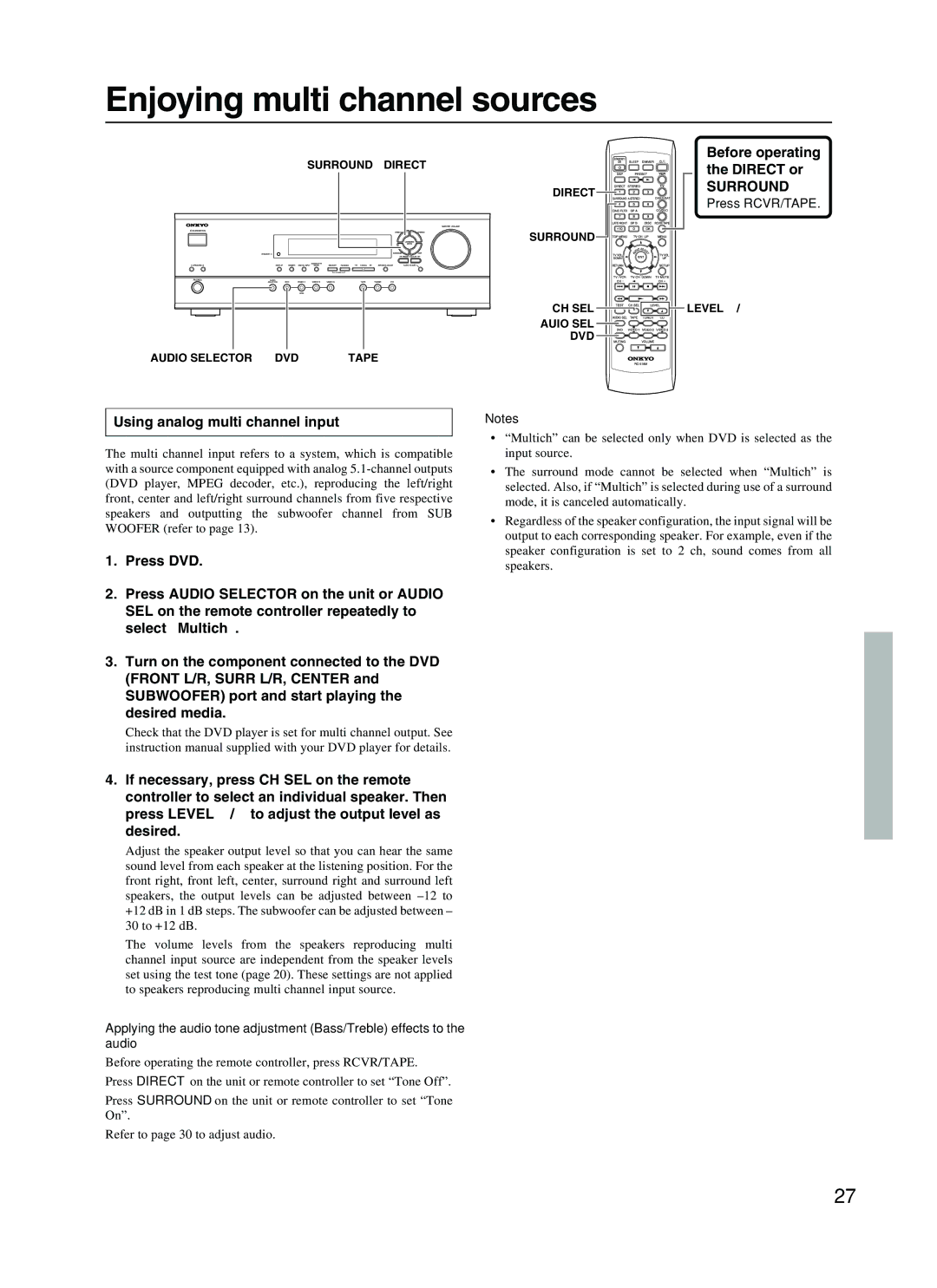 Onkyo HT-R410 appendix Enjoying multi channel sources, Before operating, Direct or, Using analog multi channel input 