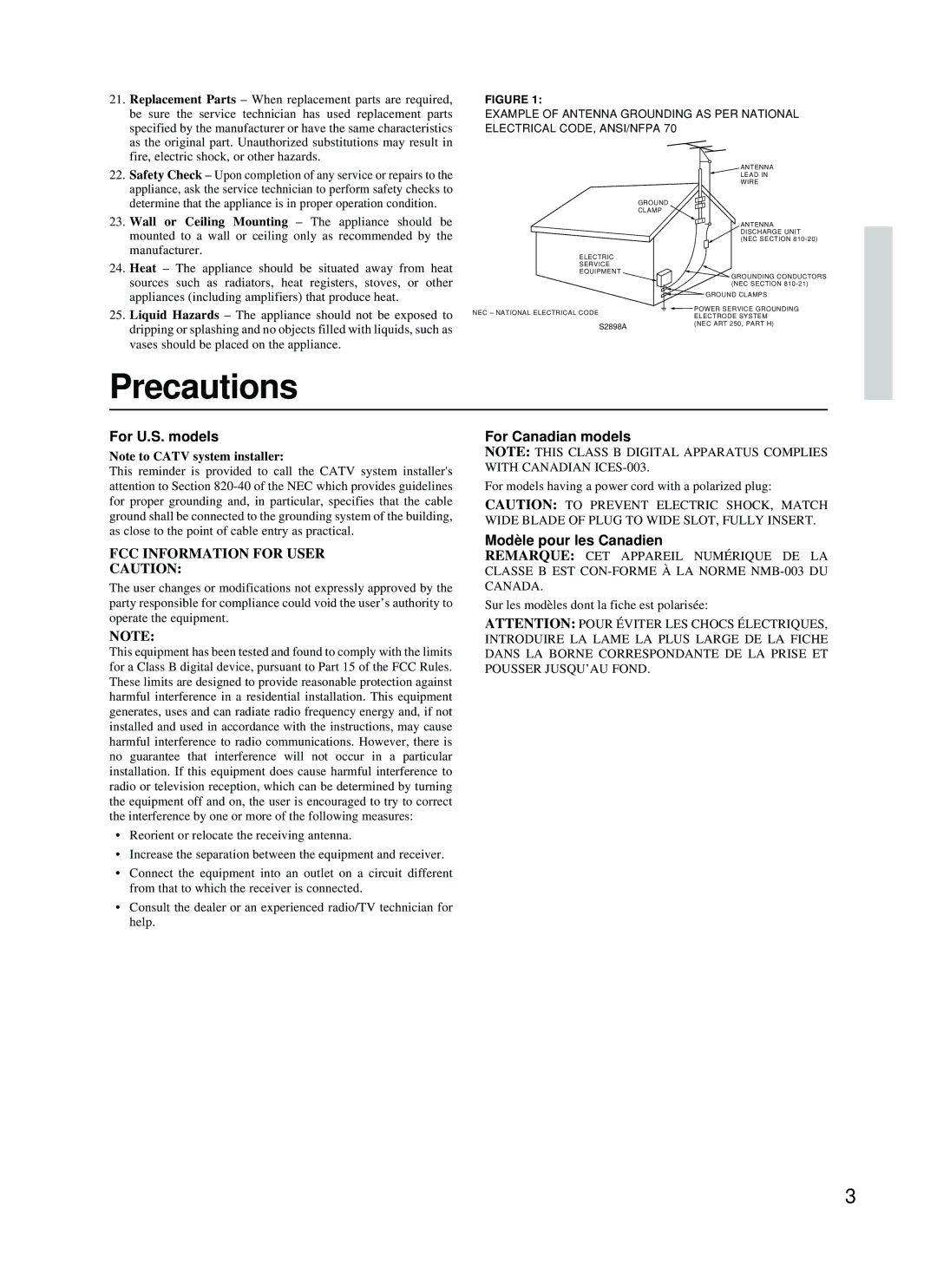 Onkyo HT-R410 appendix Precautions, For U.S. models, For Canadian models, Modèle pour les Canadien 