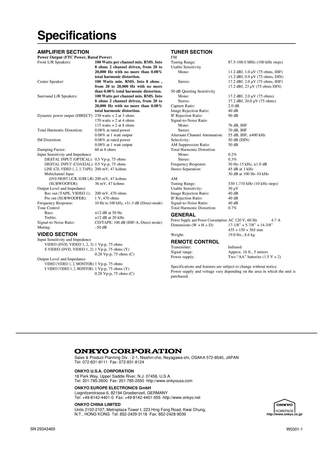 Onkyo HT-R410 appendix Specifications, Onkyo Europe Electronics GmbH 