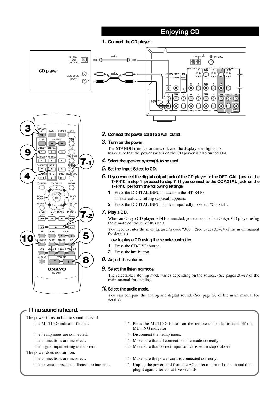 Onkyo HT-R410 If no sound is heard, Connect the CD player, Connect the power cord to a wall outlet Turn on the power 