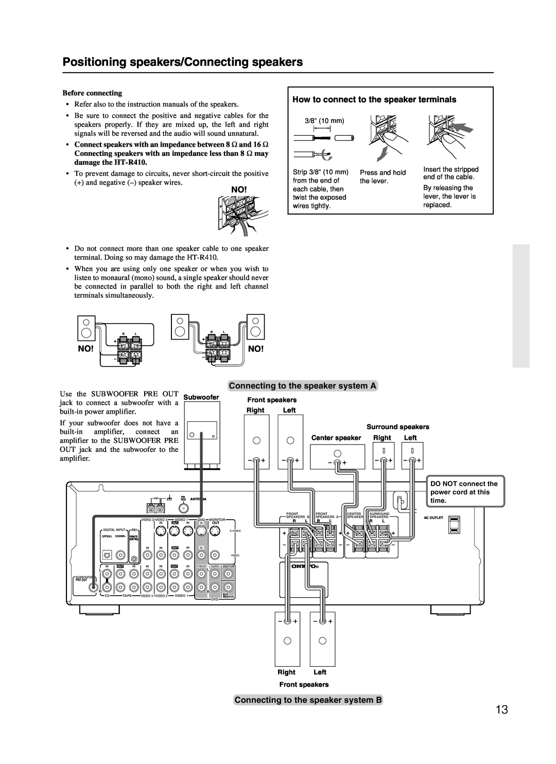 Onkyo HT-R410 appendix Positioning speakers/Connecting speakers, How to connect to the speaker terminals, Before connecting 