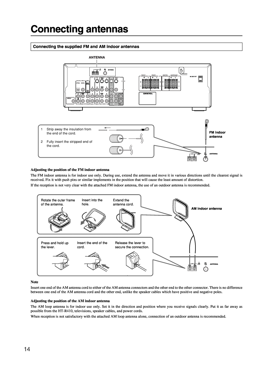 Onkyo HT-R410 appendix Connecting antennas, Connecting the supplied FM and AM indoor antennas 